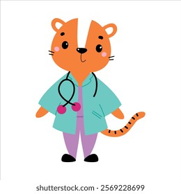 Tiger Animal Work in Ambulance and Hospital Vector Illustration