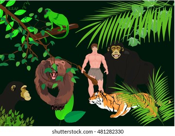 Tiger. ape, bear and human in jungle. Vector illustration scene on black background 