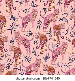 Tiger Art With Palm Leaf  Seamless Pattern On Pink Background Wallpaper illustration Vector, Safari Wildlife 