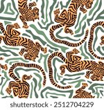 Tiger Art Seamless Pattern On Beige background Wallpaper illustration Vector, Safari Wildlife, Tiger Seamless Pattern, Tiger Print, Animal Print