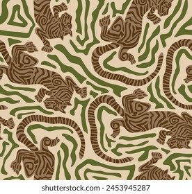 Tiger Art Seamless Pattern On Beige background Wallpaper illustration Vector, Safari Wildlife, Tiger Seamless Pattern, Tiger Print, Animal Print