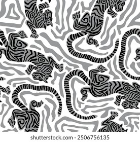 Tiger Art Seamless Pattern On grey background Wallpaper illustration Vector, Safari Wildlife, Tiger Seamless Pattern, Tiger Print, Animal Print