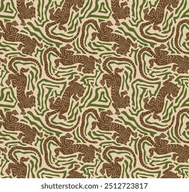 Tiger Art Seamless Pattern On Beige background Wallpaper illustration Vector, Safari Wildlife, Tiger Seamless Pattern, Tiger Print, Animal Print
