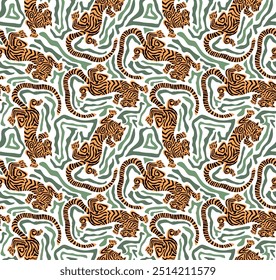 Tiger Art Seamless Pattern On Beige background Wallpaper illustration Vector, Safari Wildlife, Tiger Seamless Pattern, Tiger Print, Animal Print