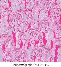 Tiger Art Vector illustration Seamless Pattern Print On Purple Background, tiger Animal Graphic Print