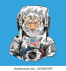 Tiger in astronaut suit. 2022 year. Hand drawn vector illustration. 