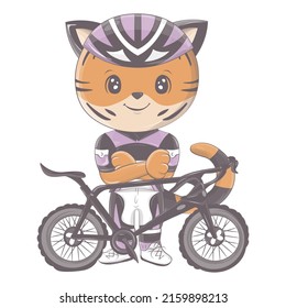 Tiger athlete with a bike. Vector illustration of a cute athlete animal. Cute little illustration of tiger for kids, baby book, fairy tales, covers, baby shower invitation, textile t-shirt.