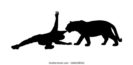 Tiger attacks man vector silhouette isolated on white background. Wild animal attack person. Beast with prey in the jaws. Boy begs for help. Risk situation in zoo park. Battle for life, scary scene.