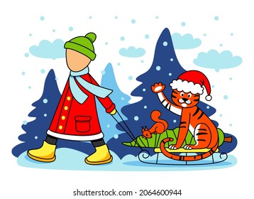 Tiger and baby. A child rolls a sled with a tiger, a squirrel and a Christmas tree through the winter forest. Christmas joyful mood.