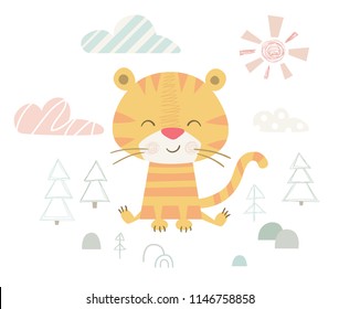 Tiger baby cute print. Sweet animal in forest fashion child vector. Cool illustration for nursery t-shirt, kids apparel, invitation, simple scandinavian child design