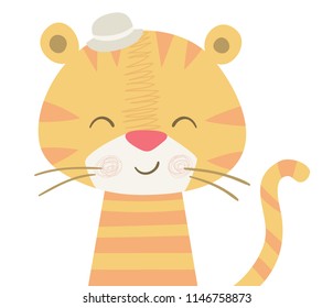 Tiger baby cute print. Sweet zoo animal fashion child vector. Cool african safari illustration for nursery t-shirt, kids apparel, invitation, simple scandinavian child design