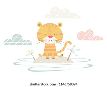 Tiger baby cute print. Sweet zoo animal in island fashion child vector. Cool african safari illustration for nursery t-shirt, kids apparel, invitation, simple scandinavian child design