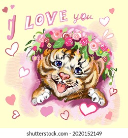 Tiger baby head with hearts and flowers on yellow. Hand-painted watercolor style, black ink line art. Young predatory wild cat. Cute, smiling happy tiger baby face portrait vector illustration print