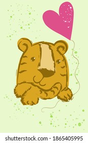 Tiger with balloon heart in hand-drawn style. Animal greeting card.