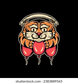 Tiger And Balloon Retro Illustrion For Merchandise