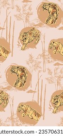 tiger bamboo forest pastel japanese chinese traditional vector illustration card background seamless pattern colorful watercolor ink textured