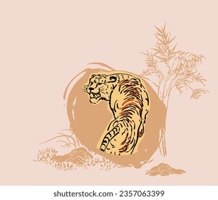 tiger bamboo forest pastel  japanese chinese traditional vector illustration card background colorful watercolor ink textured