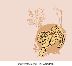 tiger bamboo forest pastel  japanese chinese traditional vector illustration card background colorful watercolor ink textured