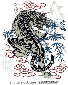 tiger bamboo leaf vector, vintage, animal, graphic, chinese