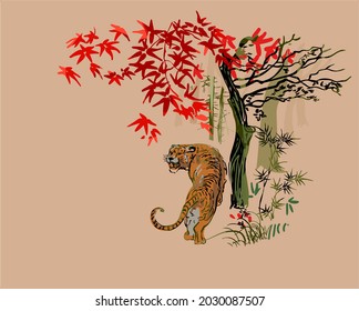 tiger bamboo vector card japanese chinese nature ink illustration engraved sketch traditional textured colorful