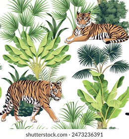 Tiger, banana tree, tropical palm, plant floral seamless pattern white background. Exotic botanical jungle wallpaper.	