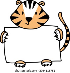 A tiger with a banner holds up a white sheet for a discount or announcement. The orange with stripes cute tiger cub is a little thick