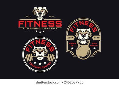 tiger with barbell and kettlebell logo design for fitness, gym, bodybuilding, weightlifting club