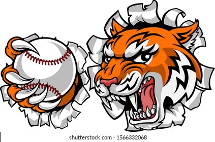 A tiger baseball player cartoon animal sports mascot holding a ball in its claw