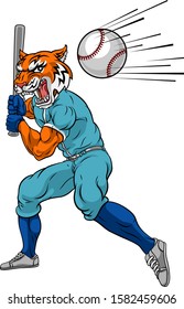 A tiger baseball player cartoon animal mascot swinging a bat at a fast ball