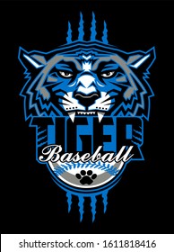 tiger baseball team design with half mascot and ball for school, college or league
