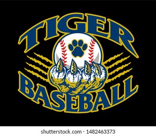 tiger baseball team design with mascot claw holding ball for school, college or league