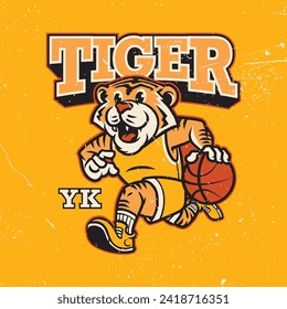 Tiger basketball mascot vintage logo cartoon illustration, fullbody, club, team