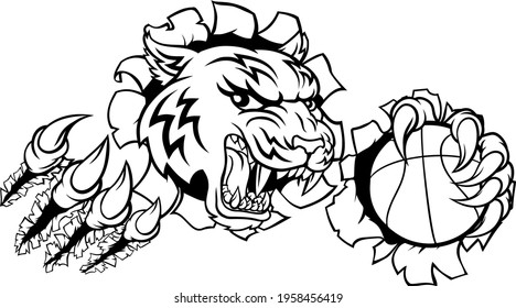 A tiger basketball player cartoon animal sports mascot holding a ball in its claw