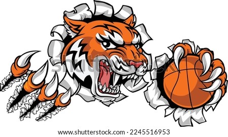 A tiger basketball player cartoon animal sports mascot holding a ball in its claw