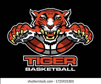 tiger basketball team design with mascot and ball for school, college or league