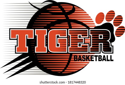 tiger basketball team design with paw print and ball for school, college or league