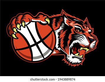 tiger basketball team mascot holding ball in claw for school, college or league