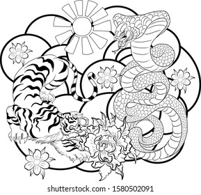 Tiger battle Cobra snake with sunrise and on background.Traditional korean  vector for printing on T-shirt on white.Japanese flower illustration for tattoo style on isolate white background.
