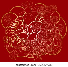 Tiger battle Cobra snake with sunrise and on background.Traditional korean  vector for printing on T-shirt on white.Japanese flower illustration for tattoo style on isolate white background.