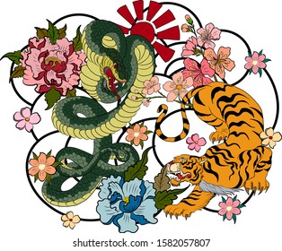 Tiger battle Cobra snake with sunrise and on background.Traditional korean  vector for printing on T-shirt on white.Japanese flower illustration for tattoo style on isolate white background.