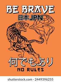 Tiger be brave graphic art with Japanese translation no rules vector print