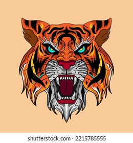 Tiger Beast Head with Stay Wild design with Japanese or Chinese oriental style in orange red tone for apparel, sticker, printable