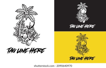 Tiger Beast wild Vector silhouette , logo tiger and palm balck and white. eps 10