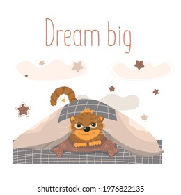 Tiger with bedcover and stars. Place for text, cute drawing for kids
