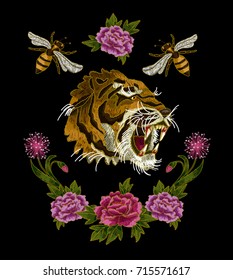 Tiger, bee and peony flowers embroidery patches for textile design.