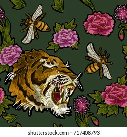 Tiger, bee and peony flowers embroidery p-attern for textile design.