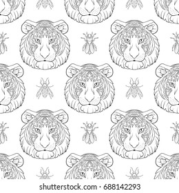 Tiger and bees. Seamless pattern, background. 