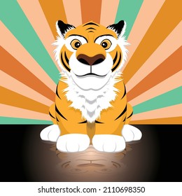 Tiger behind the light with a shadow on the floor. Vintage classic full-color tiger illustration.