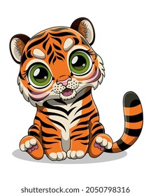 Tiger with big eyes. Cute baby, pictures for children, print on tshirt. Charming animals, wildlife. Fairy tale characters, magic. Cartoon flat vector illustration isolated on white background