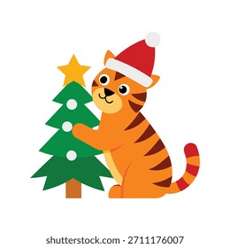 Um tigre com um grande chapéu de Papai Noel colocando estrelas sólidas em uma árvore de Natal, criando decorações mágicas festivas.